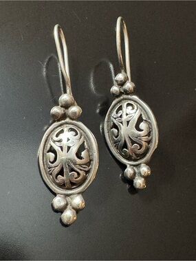 Sterling Silver Openwork Dangle Earrings - Artisan Cutout Oval Earrings